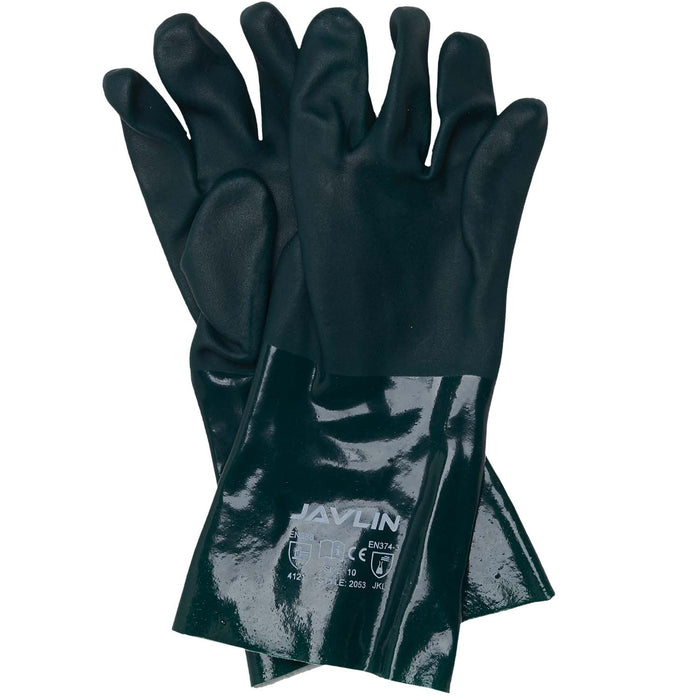 Javlin Green PVC Double Dipped Elbow Length Gloves With Sandy Finish