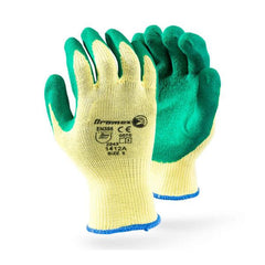Dromex The Gripper is a seamless poly cotton yellow shell that is palm dipped in a green textured crinkled rubber. - Safety Supplies  Gloves - PPE, Workwear, Conti Suits, Zeroflame and Acid, Safety Equipment, SAFETY SUPPLIES - Safety supplies