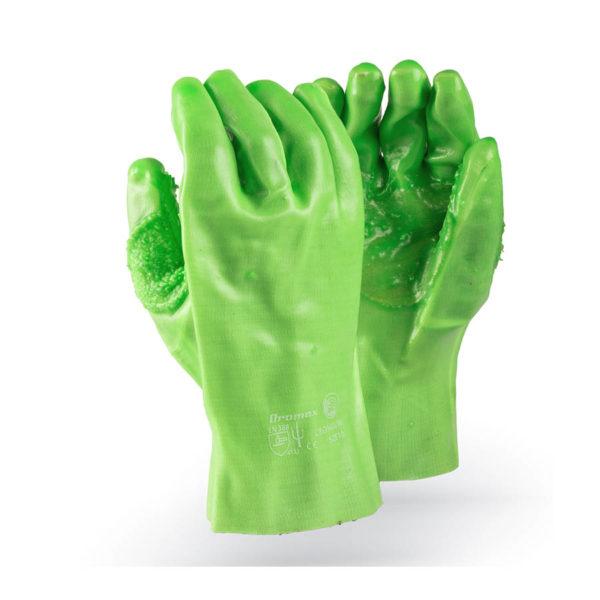 Dromex CRONUS HI-VIS lime PVC gloves, reinforced thumb, wrist length cuff - Safety Supplies  Gloves - PPE, Workwear, Conti Suits, Zeroflame and Acid, Safety Equipment, SAFETY SUPPLIES - Safety supplies